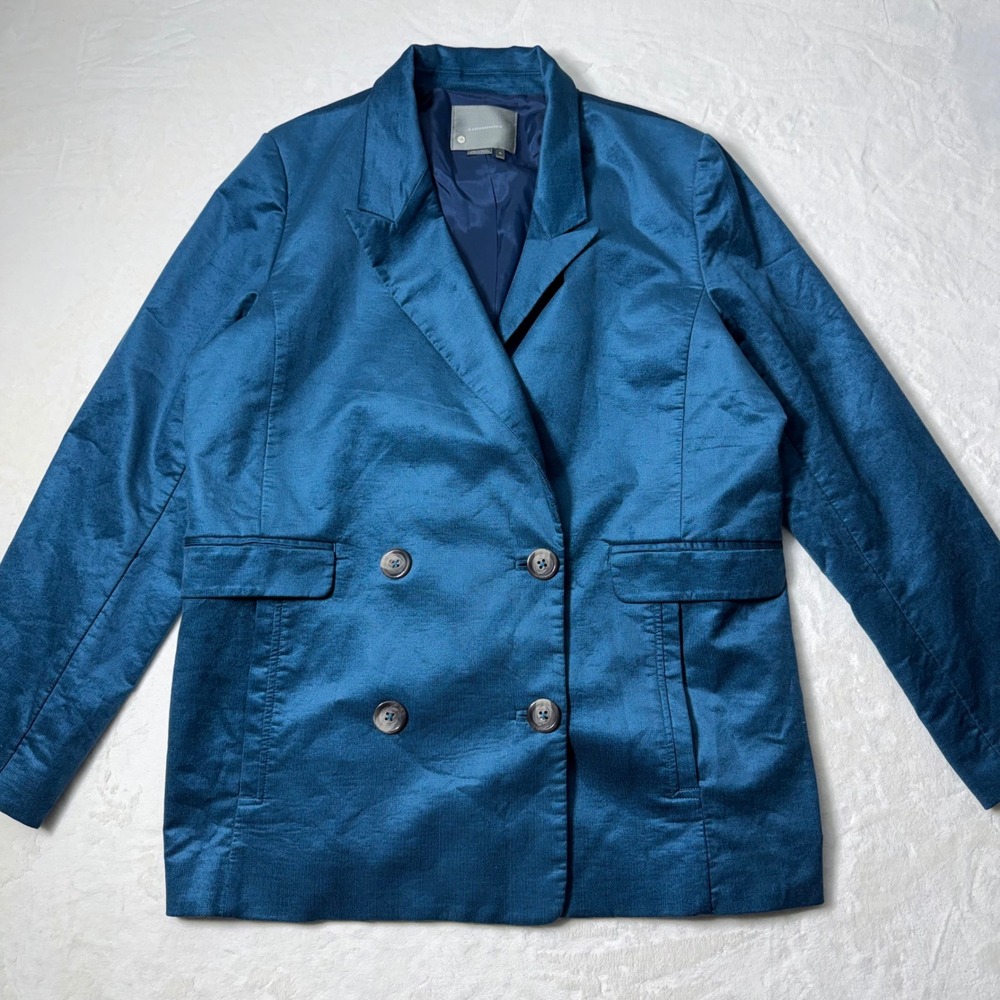 Anthropologie Beckett Shimmer Corduroy Blazer Size XL Teal Blue Double Breasted